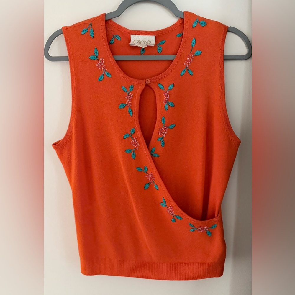 CACHE Orange Embroidered Beaded Peephole Knitted Women's Top